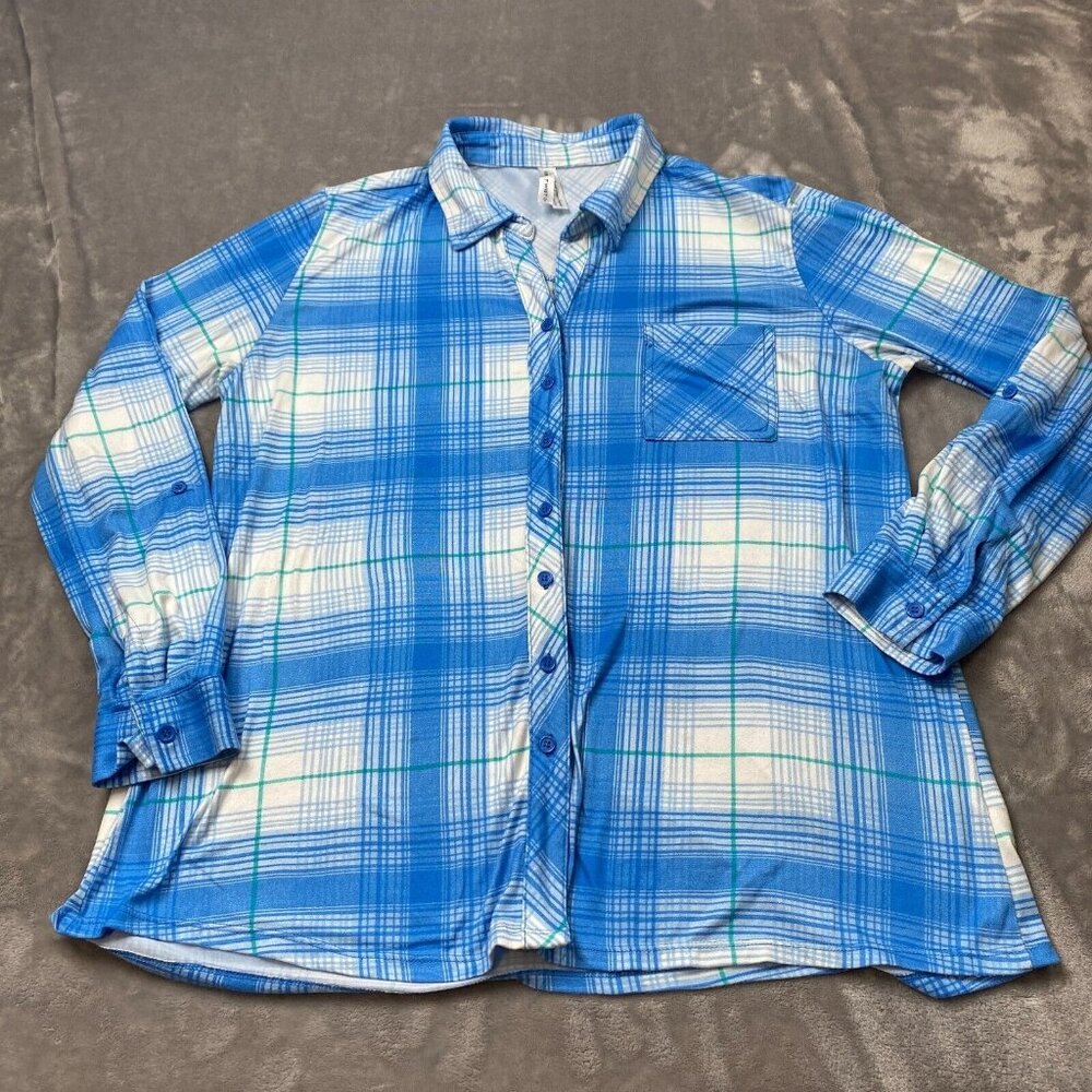 French Twist Shirt Women's Large Blue Plaid Stretch Roll Tab Sleeve Button-Up